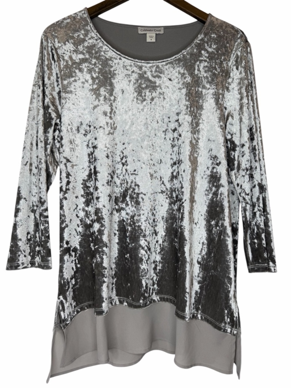 Coldwater Creek Velvet Pullover Tunic Top size Medium Silver Gray 3/4 Sleeve